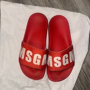MSGM Red Logo Slide Sandals with White Branding